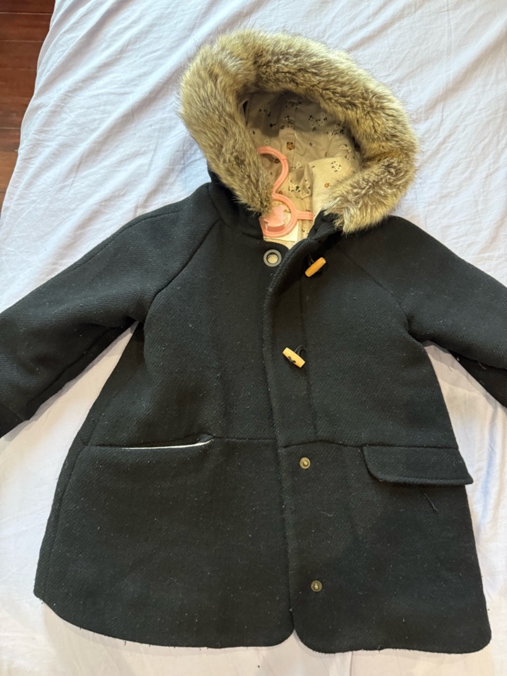 Zara Kids Black Pea Coat with Faux Fur Trim Hood